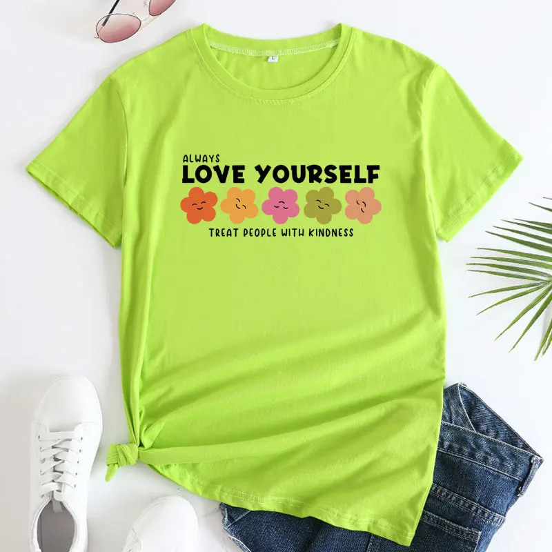 

Fashion Trendy Floral Letter Pattern Women's Cotton Round Neck T-shirt Loose Casual Plus Size Women's Tops Free Shipping