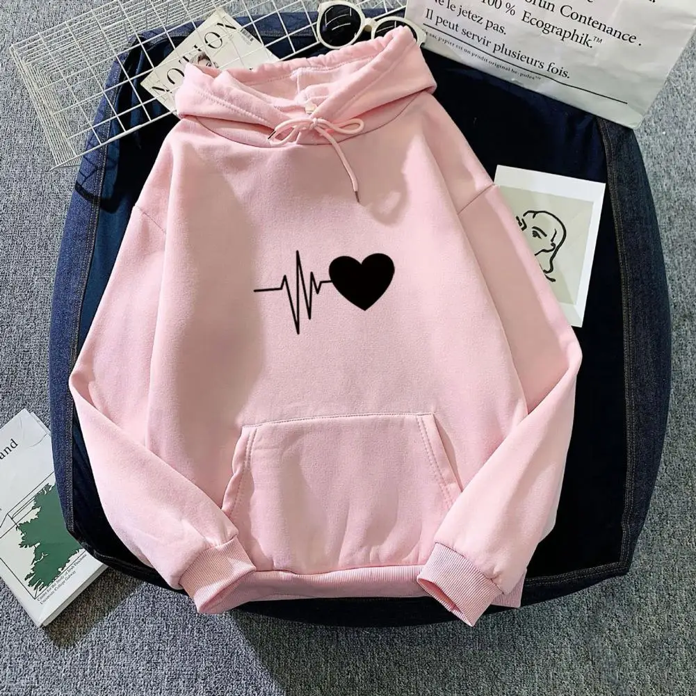 

Warm Fleece Hoodie Cozy Heart Print Unisex Hoodie with Drawstring Plush Warmth Big Patch Pocket for Fall Winter Men Loose Hoodie