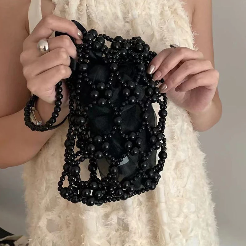 

Fashion Hollow Pearls Beaded Women Shoulder Bags Handmade Woven Lady Handbags Sweet Summer Bucket Bag Small Female Purses 2023