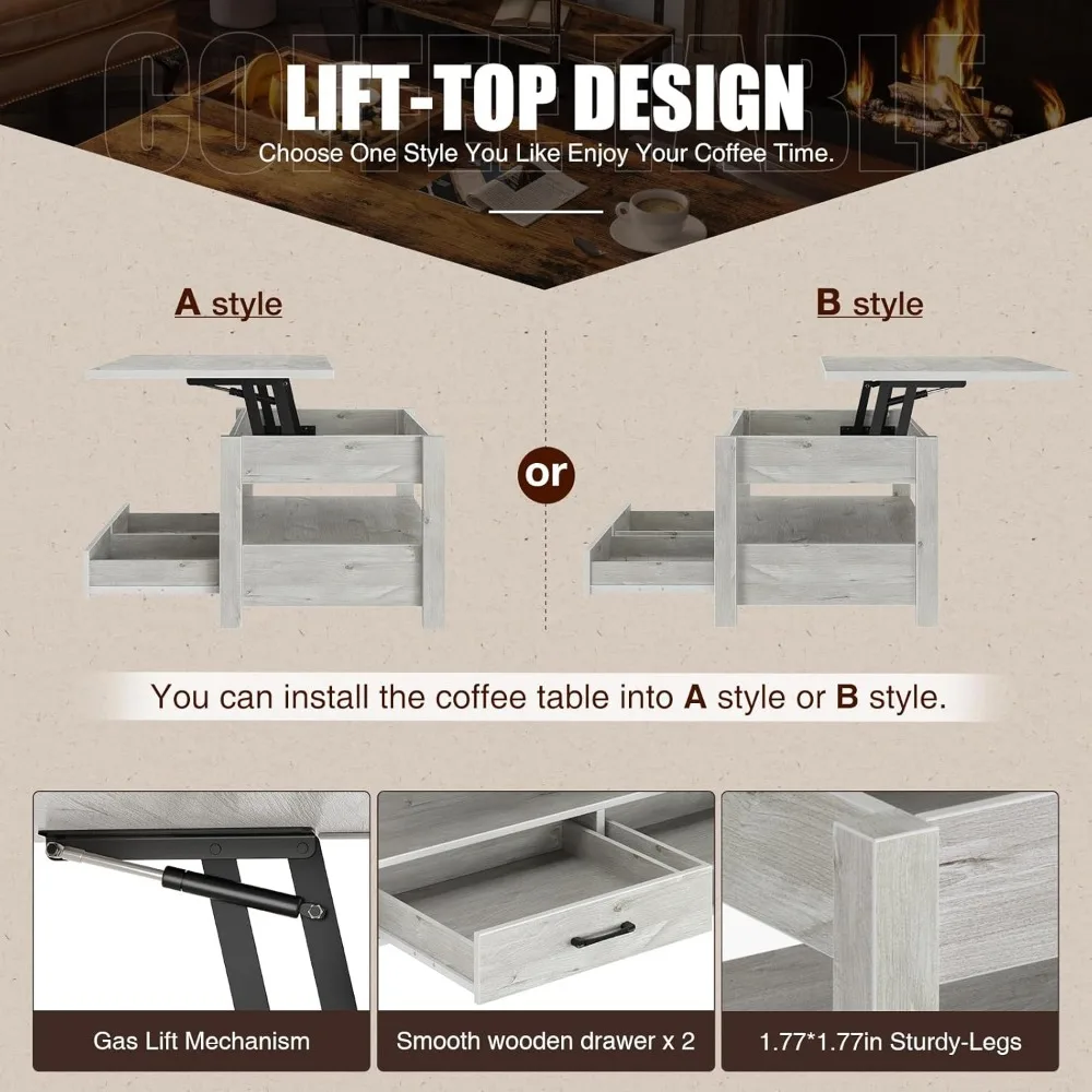 Coffee Table, Lift Top Coffee Table with Drawers and Hidden Compartment, Living Room Table with Wooden Lift Tabletop 6