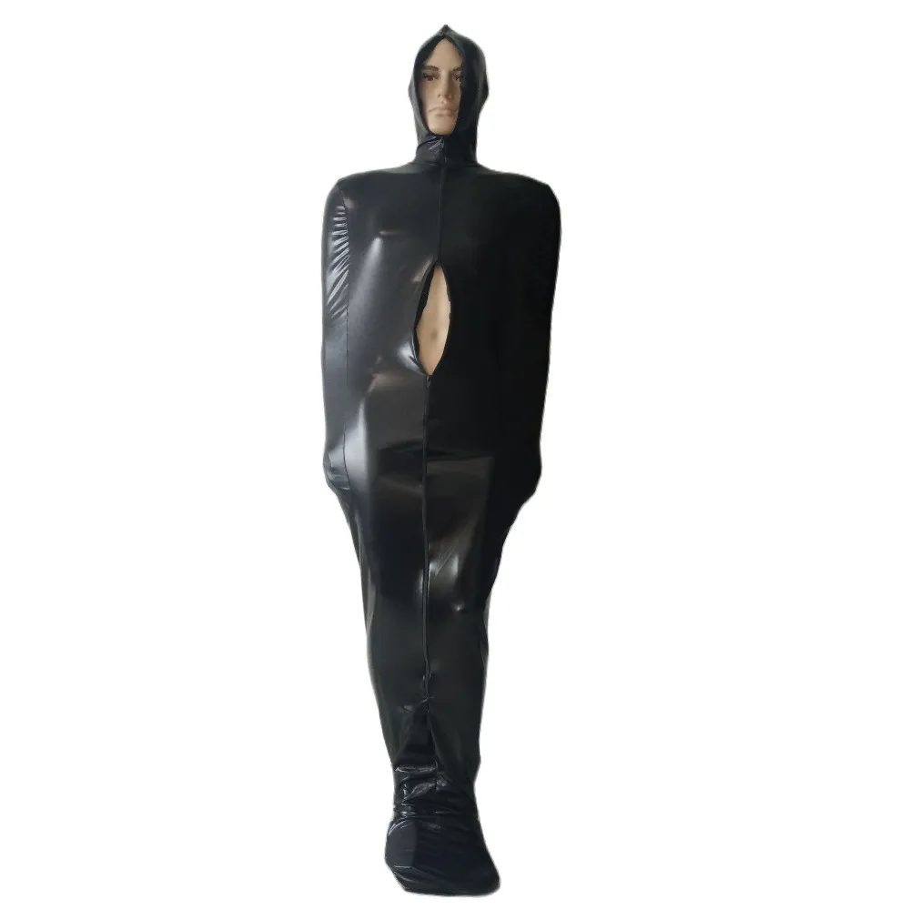 

Black Shiny Metallic Unisex Mummy Costumes Body Sleeping Bag Sexy Catsuit front 4-ways zipper with ass zipper Halloween Cosplay