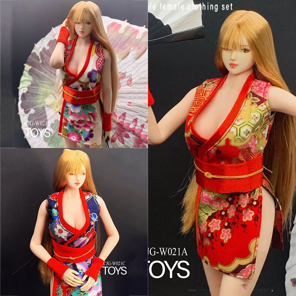 

1/6 Sexy Japanese Improved Kimono Bathing Short Dress Cherry High Slit Bathing Suit Clothes Set with Umbrella for 12 inches Body