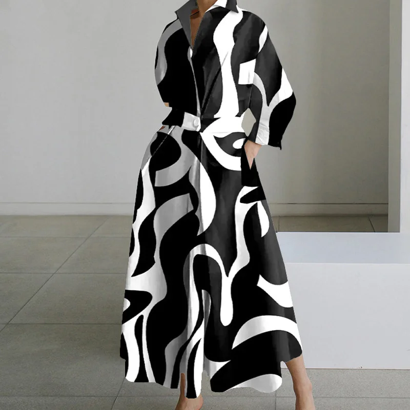 

Vintage Abstract Printed Boho Long Dress 2023 Autumn Waist Buttoned Lapel Shirt Dress Women Long Sleeve A-Line Casual Dress
