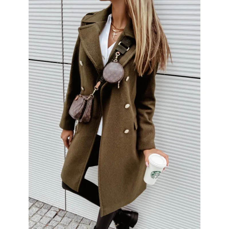 

Autumn Winter Women Jackets Lapel Wool Coats Solid Double Breasted Ladies Knee Length Blends Coat Womens Plus Size Overcoat