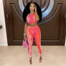 

Contrast Color Stitching Sheer Mesh 2 Piece Pants Sets Sleeveless Crop Top+Leggings Sexy Club Wear Summer Outfits for Women 2022