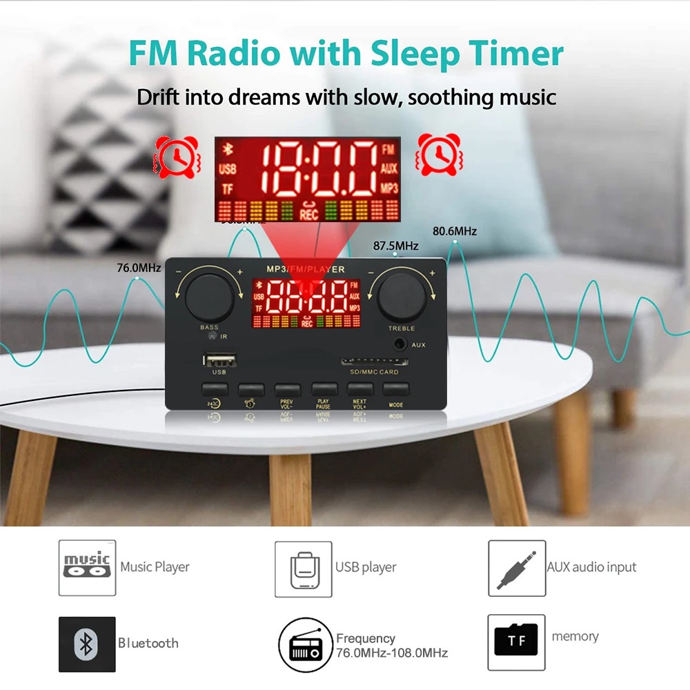 160W Amplifier Bluetooth 5.0 MP3 WMA APE Car Decoder Board Alarm Clock Time Display 12V USB TF FM Radio Mp3 Music Player Speaker