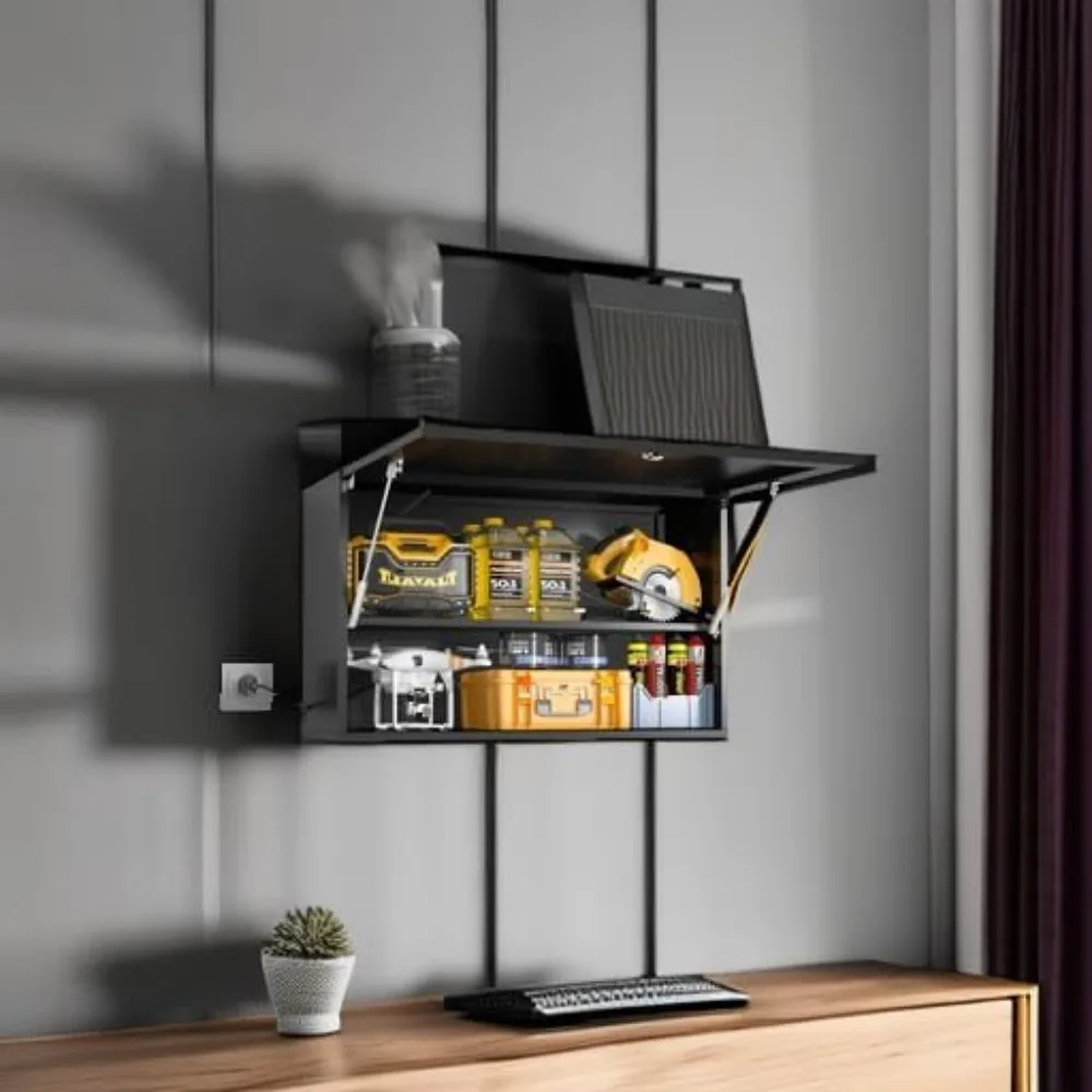 Metal Wall Storage Cabinet w Flip-Up Door Adjustable Shelf Metal Cabinet Hanging Garage Upper Cabinets Floating Lockable Steel 6