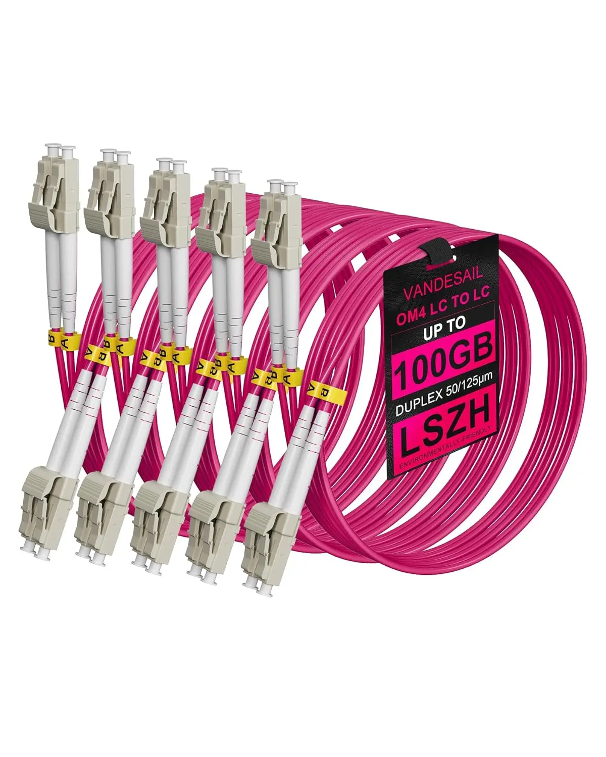 VANDESAIL 2-5M OM4 LC-LC Fiber Patch Cable, 5Pack 50/125&micro;m Multimode Duplex Fiber Cords, 1/10/40/100Gbs, LSZH Jacket