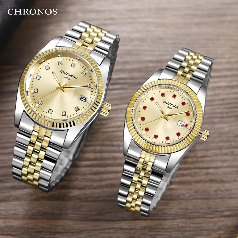 CHRONOS Men Luxury Rhinestone Watch Gold Waterproof