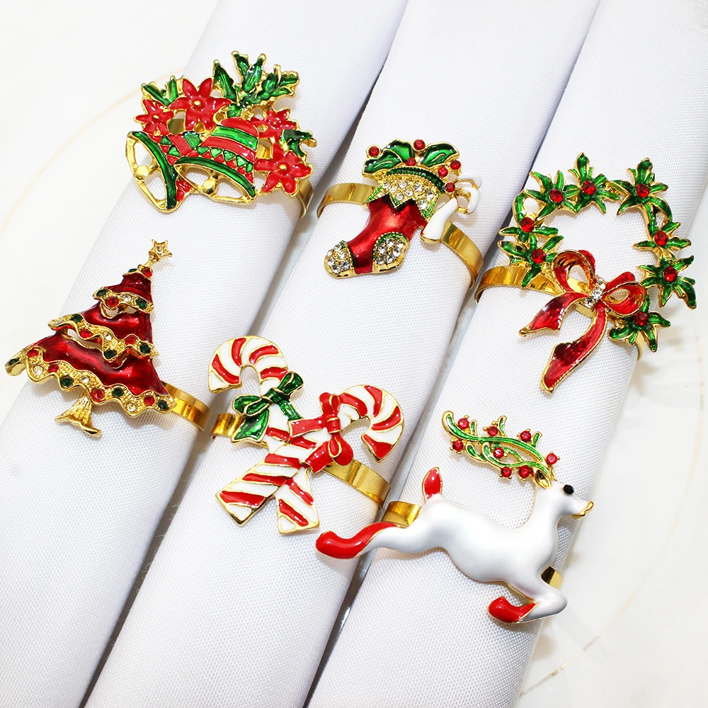 Christmas Napkin Holder Napkin Ring 6Pcs Mixed Gold Christmas Napkin Rings Set Wreath Angel Elk Bell Snowman Xmas Tree Napkin Holder for Wedding Party Table Decor
