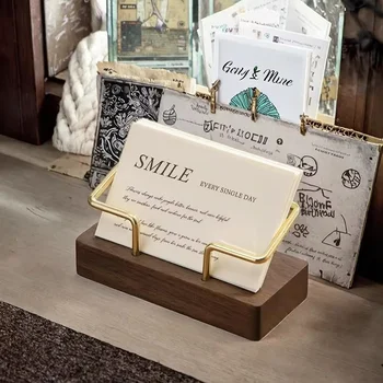 Porta Biglietti da Visita in Legno con Cornice Metallica Dorata, Espositore da Scrivania per Ufficio, Kit Accessori Business