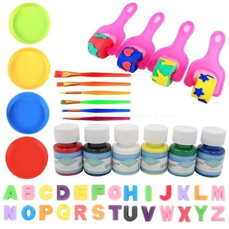 46pcs/세트 DIY 낙서 플라스틱 손잡이 롤러 스폰지 브러시 브러시 씰 페인팅 도구 재미있는 어린이 교육 그리기 장난감