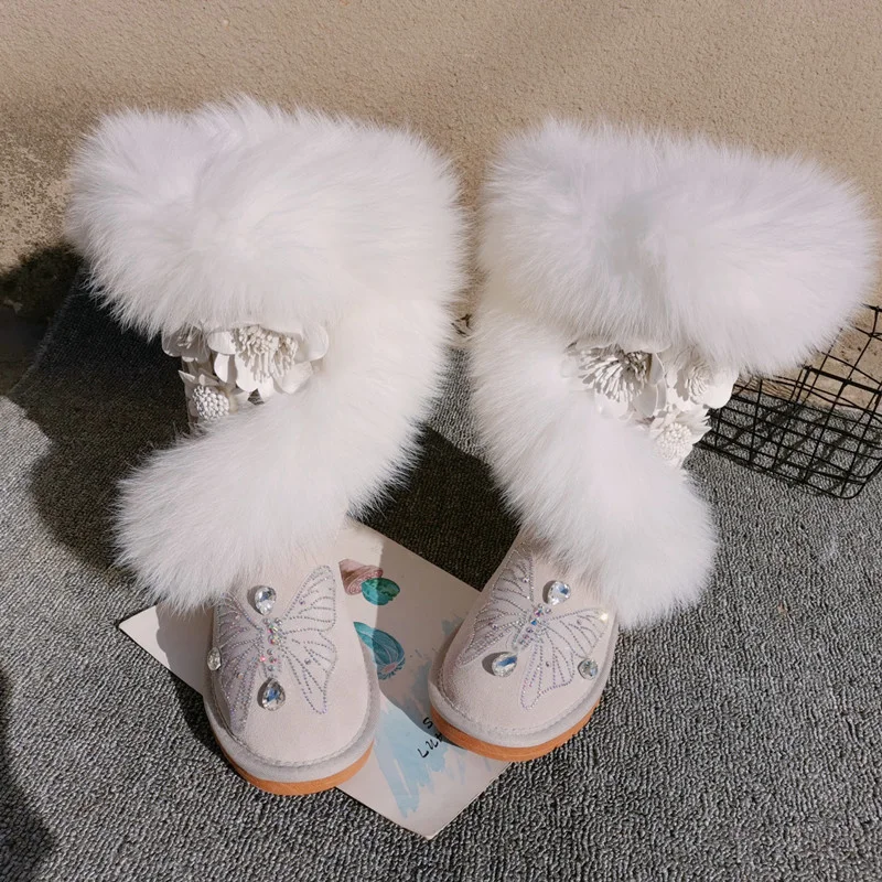 

Luxury natural fox hair three-dimensional flower tall leather thickened warm non-slip large size snow boots women's cotton boots