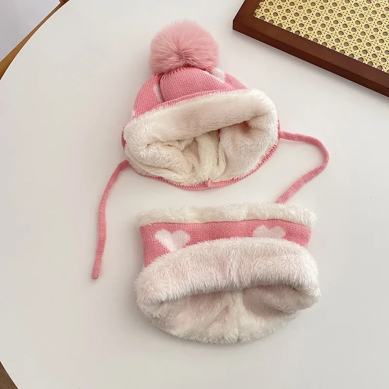 New Children's Knitted Love Hat Scarf Two-piece Winter Baby Padded Warm Two-piece Sets Kids Hat Scarves Sets