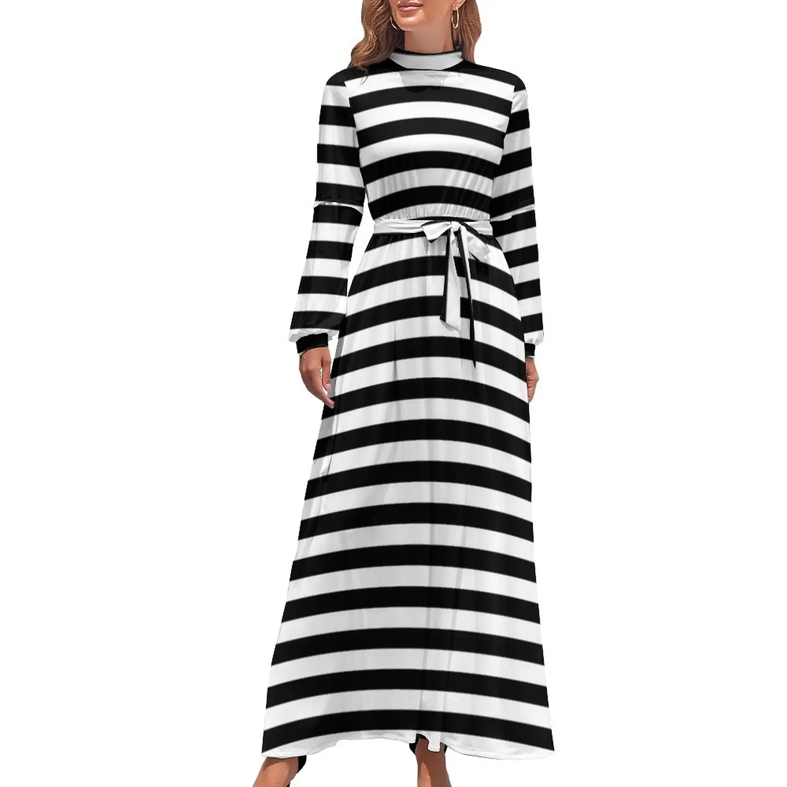 

Classic Striped Vintage Dress High Neck Horizontal Black Stripes Boho Beach Dresses Long Sleeve Street Fashion Long Maxi Dress
