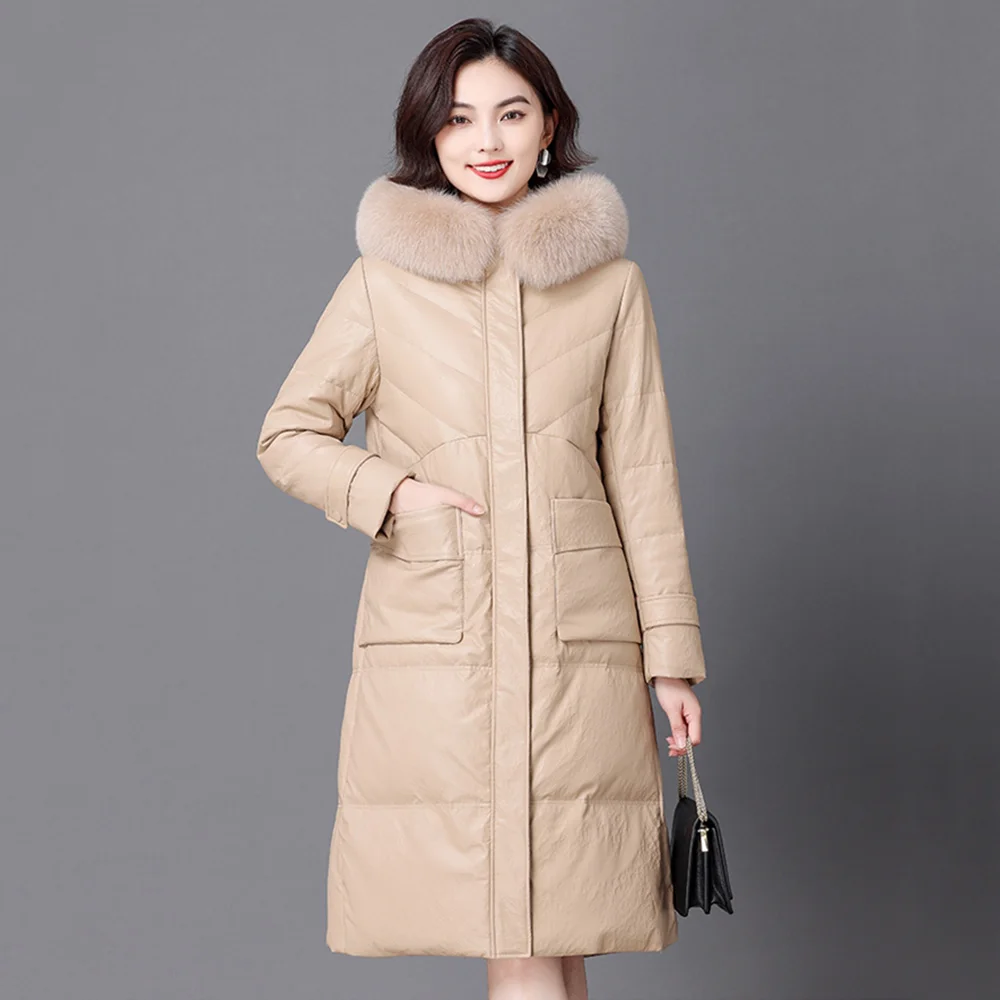 New Women Long Hooded Leather Down Coat Winter Fashion Real Fox Fur Collar Sheepskin Down Jacket Casual Outerwear Split Leather high quality pu leather jacket faux fox fur collar sheepskin leather jacket women skirt coat white down women jacket winter