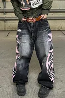 Jean imprimé totem chiné pour hommes, Style américain, vieux délavé, jambes larges, rétro, ample, tendance, jambes larges, pantalon gothique Y2K unisexe 4