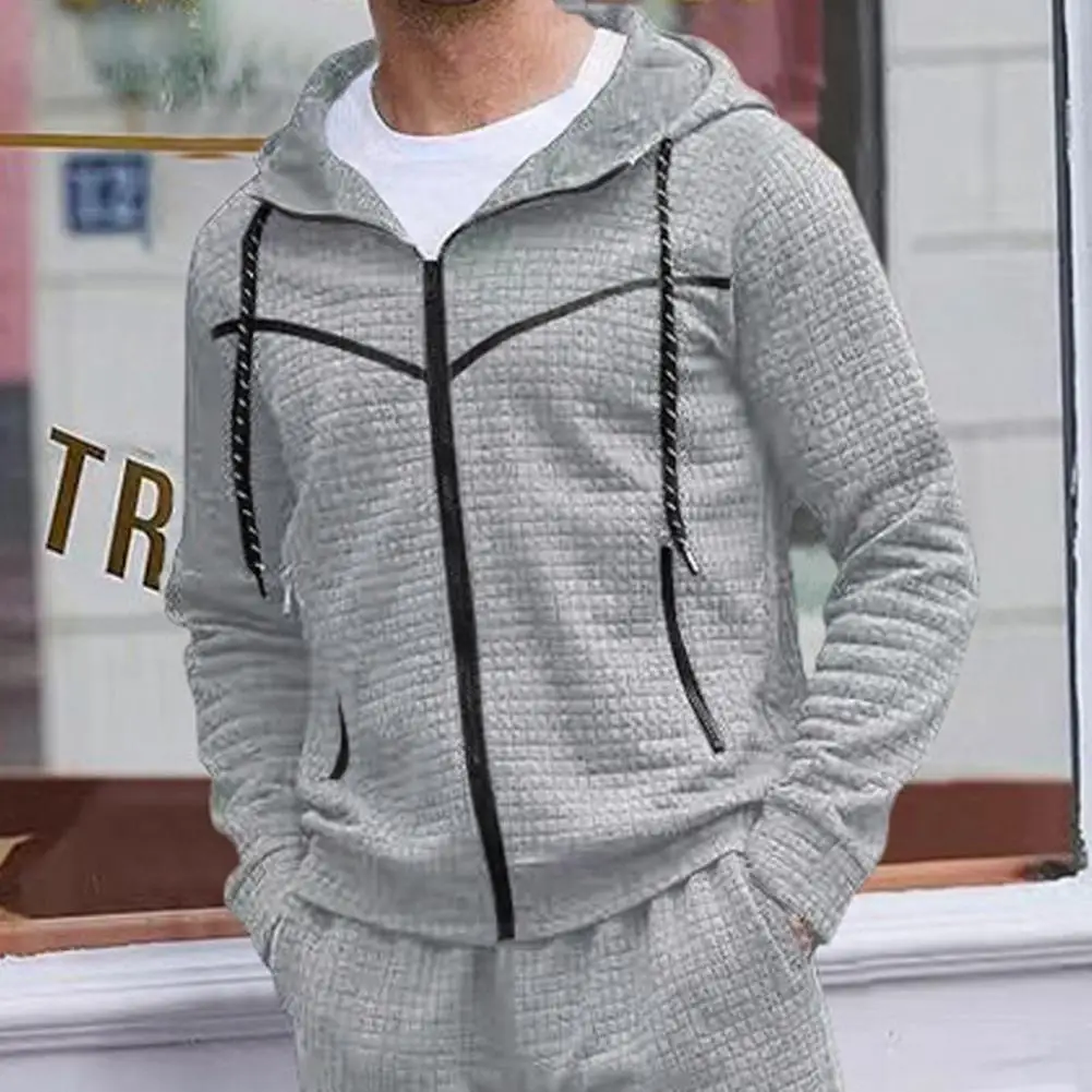 

Breathable Men Hoodie Coat Men Waffle Texture Sport Coat Men's Autumn Winter Hooded Sweatshirt with Zipper Placket Waffle