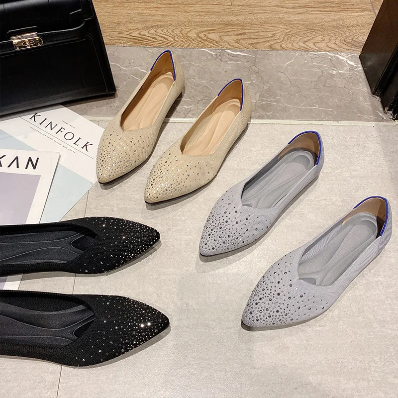 

New All-match Rhinestone Pointed Toe Woven Flat Single Shoes Women's Shallow Mouth Casual Shoes Women's Loafers Zapatillas Mujer