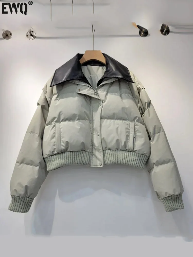 

[EWQ] Fashion Contrast Color Spliced PU Removable Lapel Long Sleeve White Duck Down Short Jacket Coat 2023 Winter Winter 16U5905