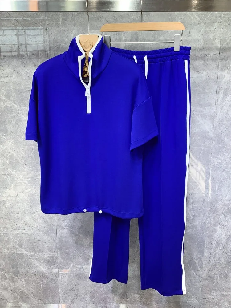 여름 남자 레저 Tracksuit 야외 짧은 소매 T 셔츠 탄성 허리 Sweatpants 2 조각 세트 느슨한 바지 세트 남성 M-XL