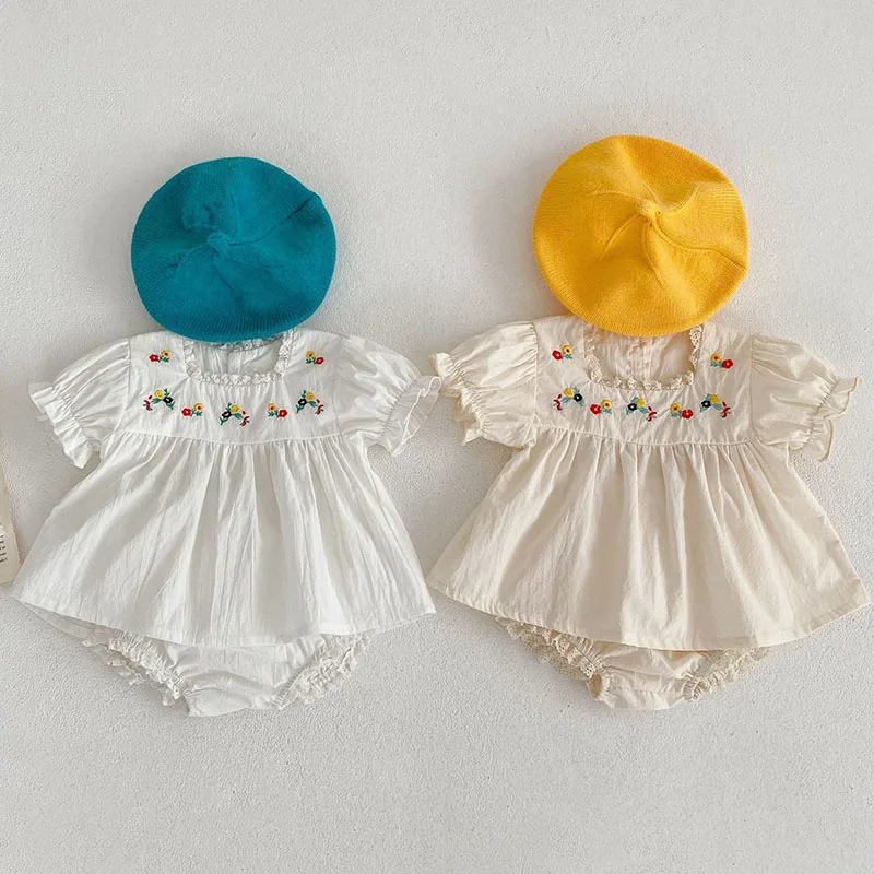 

Newborn Baby Girl Clothes Sets Summer New Embroidery Bubble Short Sleeve Tops+ Bread Shorts 2Pcs Toddler Infant Clothing 0-24M