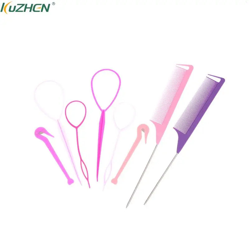 프렌치 브레이드 도구 루프 탄성 헤어 밴드 리무버 커터, 래트 테일 빗, 헤어 스타일링용 금속 핀 테일 브레이드 빗, 세트당 4 개