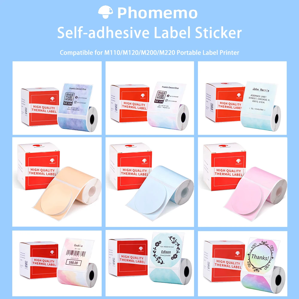 Phomemo-papel Etiqueta Auto-adesivo para Impressora Adesivo Transparente Redondo Quadrado Código de Barras Notas Pegajosas M110 M200