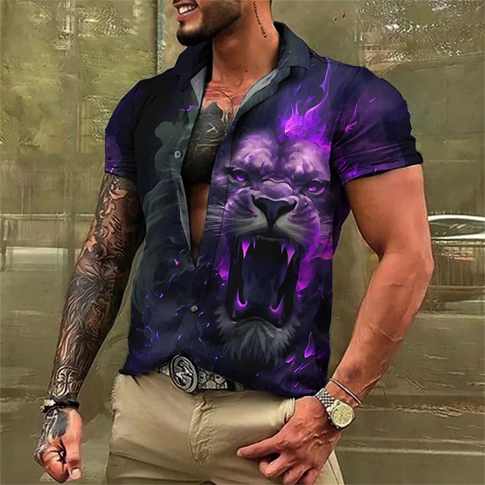 2023 Summer Men's short -sleeved lapel button retro shirt Animal printing Hawaii beach casual men's clothing top