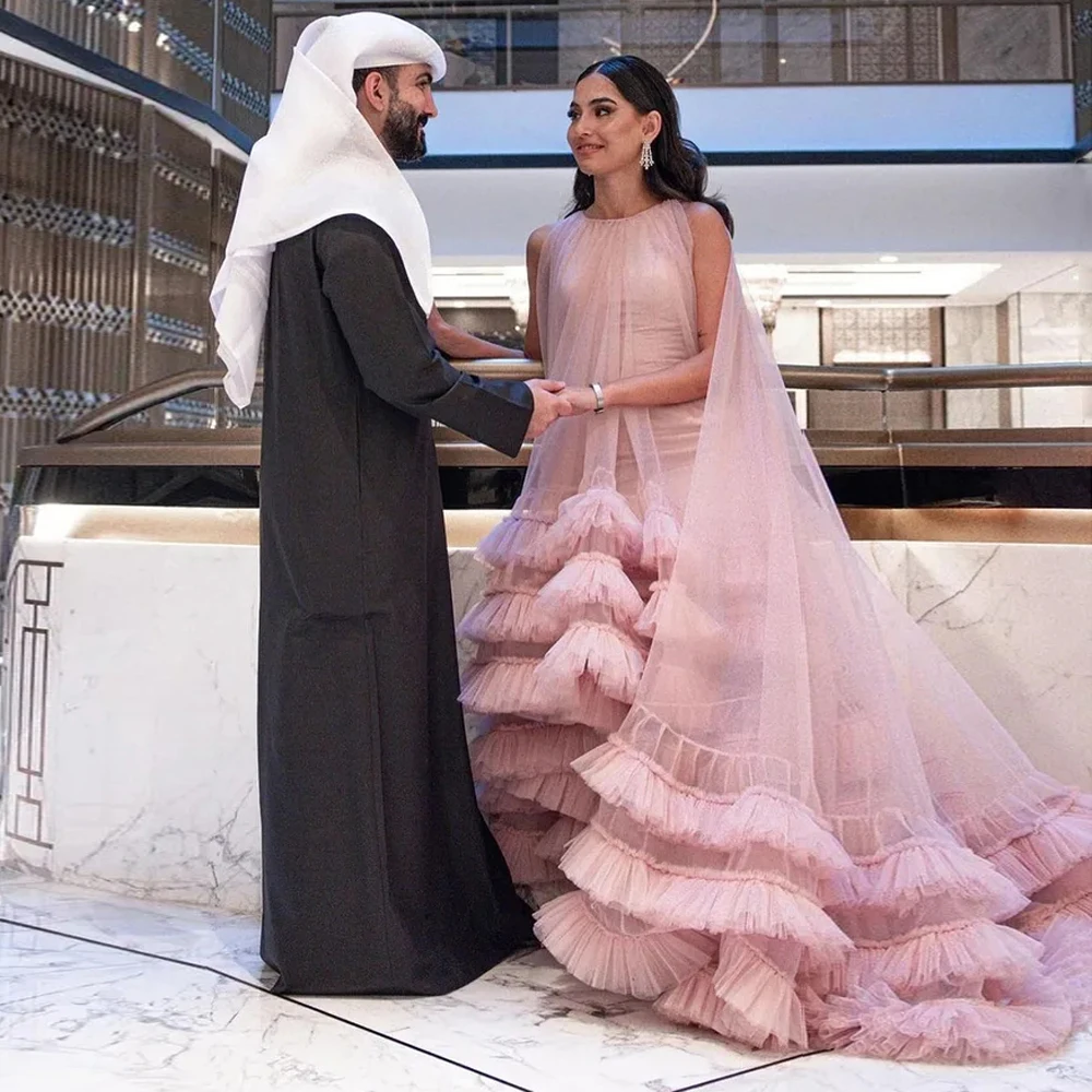 

Очаровательные розовые платья макси для выпускного вечера, многоярусная Тюлевая верхняя одежда, арабское женское строгое платье с эластичным внутренним платьем, под заказ