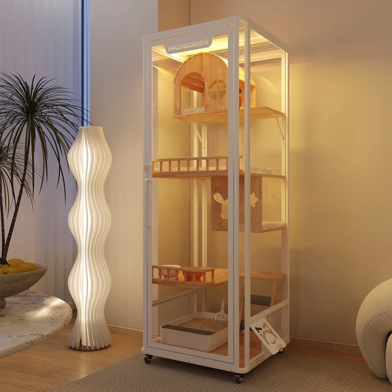 Sustainable Panoramic Pet Furniture Cat Tower Hotel Large Cat Cage Enclosure Cabinet Luxury Indoor Wooden Pet House Villa