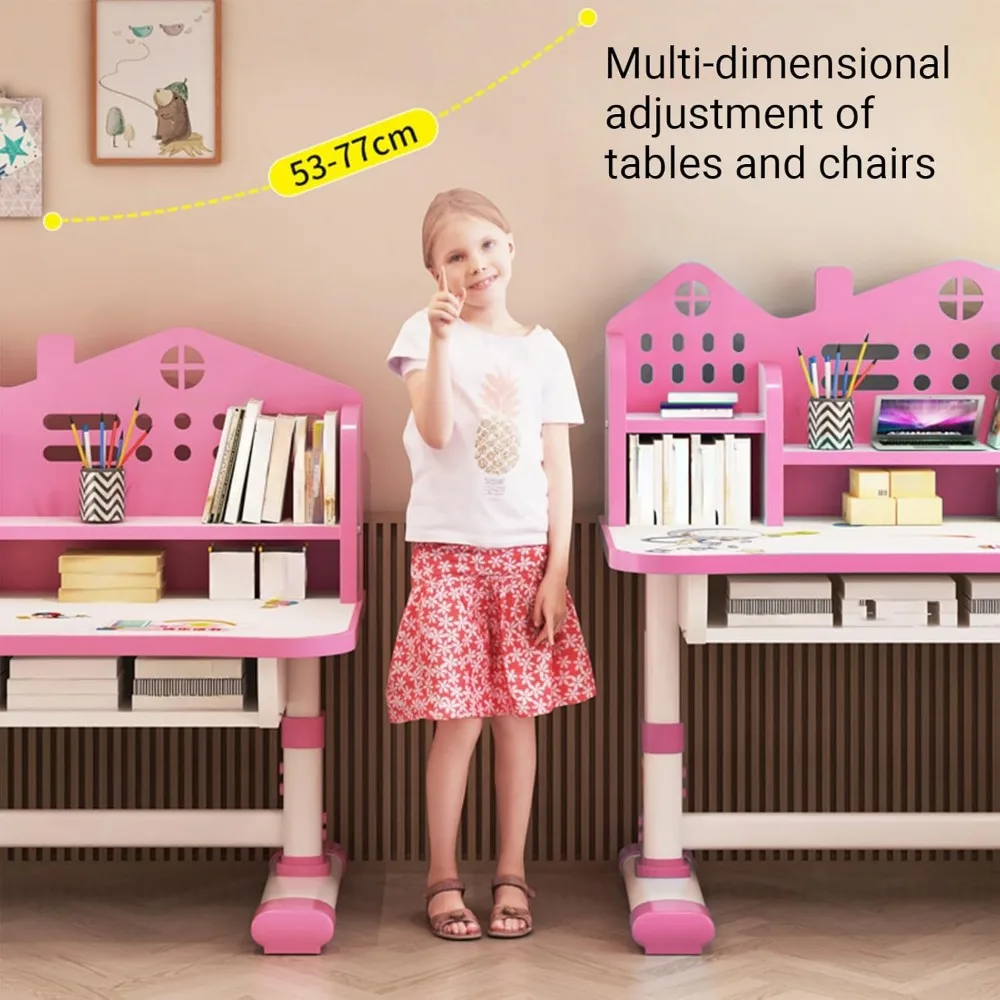 Kids Adjustable Study Desk & Chair Set w/ Storage,Drawers,Bookshelf,Child Toddler Writing Homework Table,Little Girl Work Comput