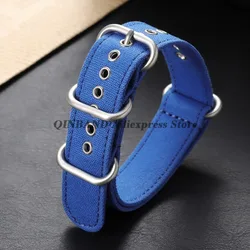 Military Nylon Watch Band with Silver Metal Ring Buckle - 18mm to 24mm Strap - 22mm (Blue)
