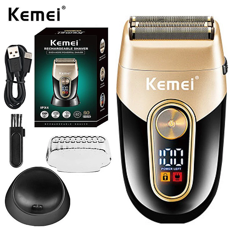 

Kemei Rechargeable Barber Foil Shaver Shaper Finishing Blending Bald Head Razor 3 mesh blade Super Close Shave with Charge Stand