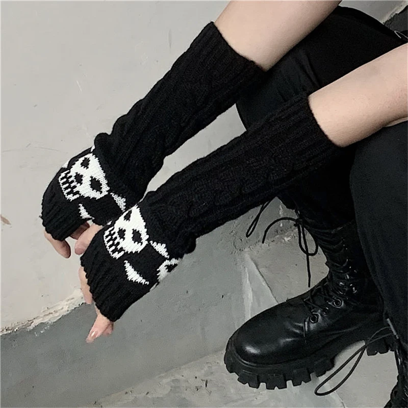 Y2K Arm Warmers Black Skull Gloves Goth Long Fingerless Arm Sleeve Gloves Women Knitting Warm