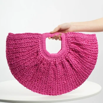 Borsa tote casual in vimini rattan Borsa da spiaggia di design intrecciata di grande capacità Borsa da spiaggia estiva a mezzaluna in paglia da donna Tote shopper