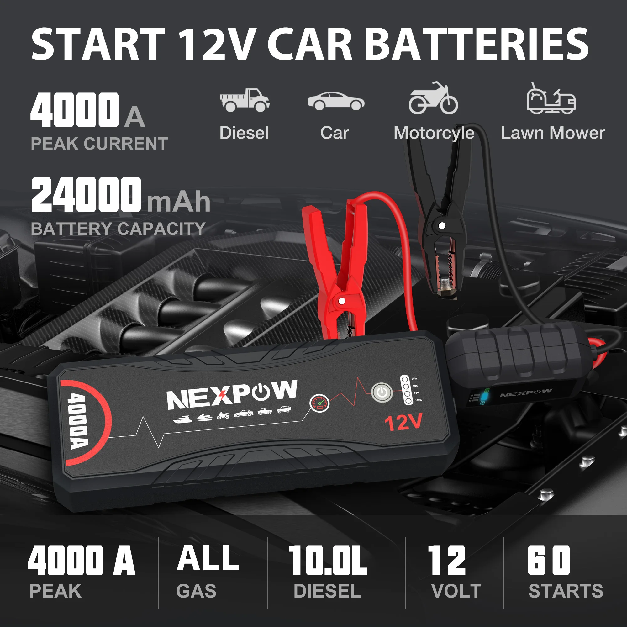 NEXPOW 4000A Portable Car Jump Starter Power Bank, 12V for All Petrol & 10.0L Diesel Engines, with LED Torch, USB & Jump Cable