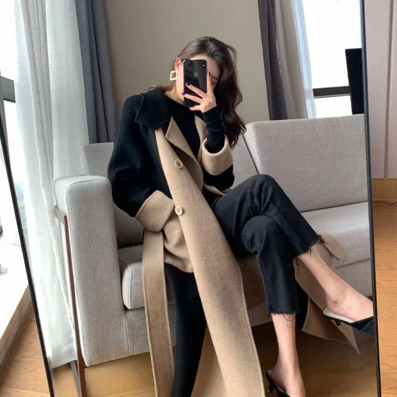 Women Coats Vintage 2023 Autumn Winter Fashion V -Neck Outerwear Long Sleeve Double-breasted Jackets Female Elegant Coats New