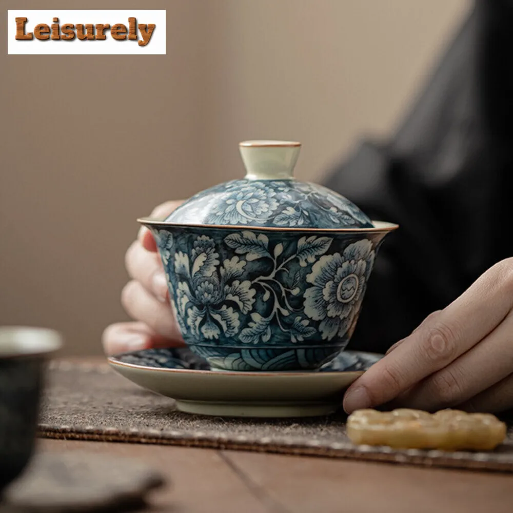 100ML Antique Ru Kiln Gaiwan Aesthetic Blooming Flowers Three Talents Tea Tureen Tea Maker Cover Bowl Chinese Teaset Ornaments
