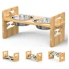 1PC Bamboo Adjustable Raised Elevated Pet Food Bowls,Stand Feeder with 2 Bowls and Anti Slip Feet for Comfort Feeding