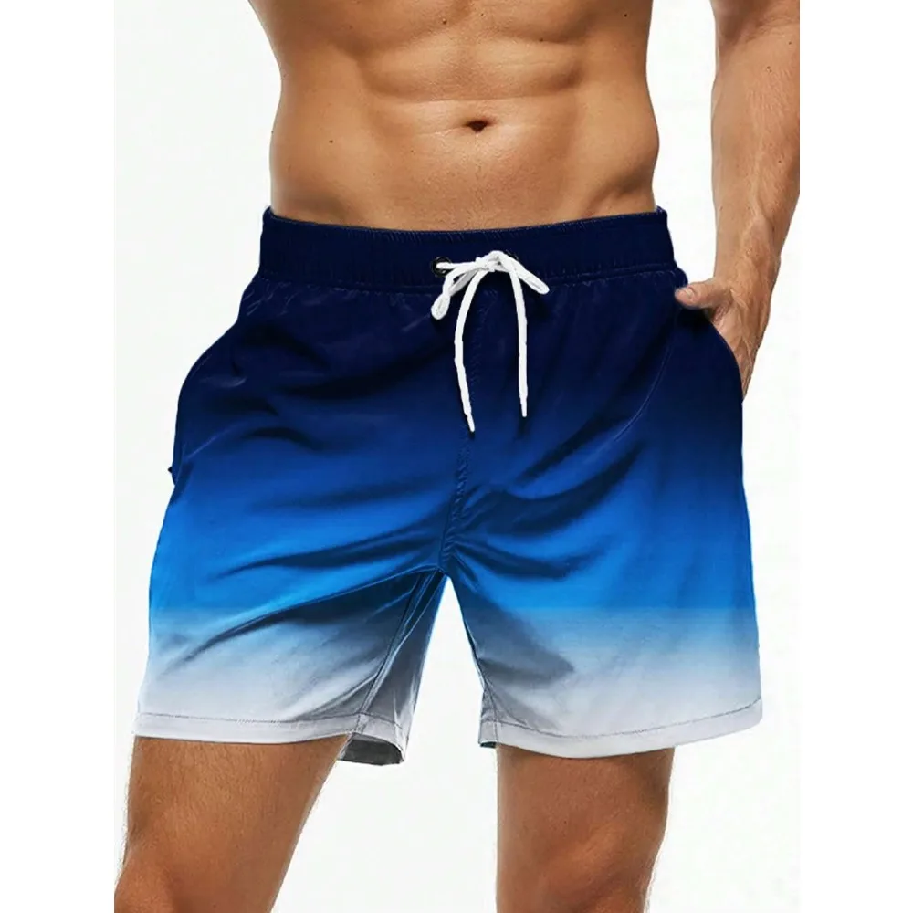 Men's Beach Shorts Gradient Color Block Drawstring Summer Men's swim Trunks Elastic Waist 3D Print  Breathable Short Streetwear 3