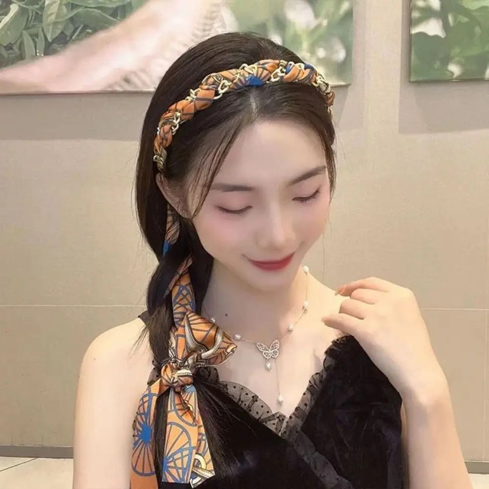 Ribbon Women Hair Hoop Elegant Cloth Printing Korean Hairband Ponytail Holder Hair Accessories Silk Scarf Headband luxury brand natural silk scarf bandana printing for women 100% twill silk soft high quality square wraps shawls scarves gift