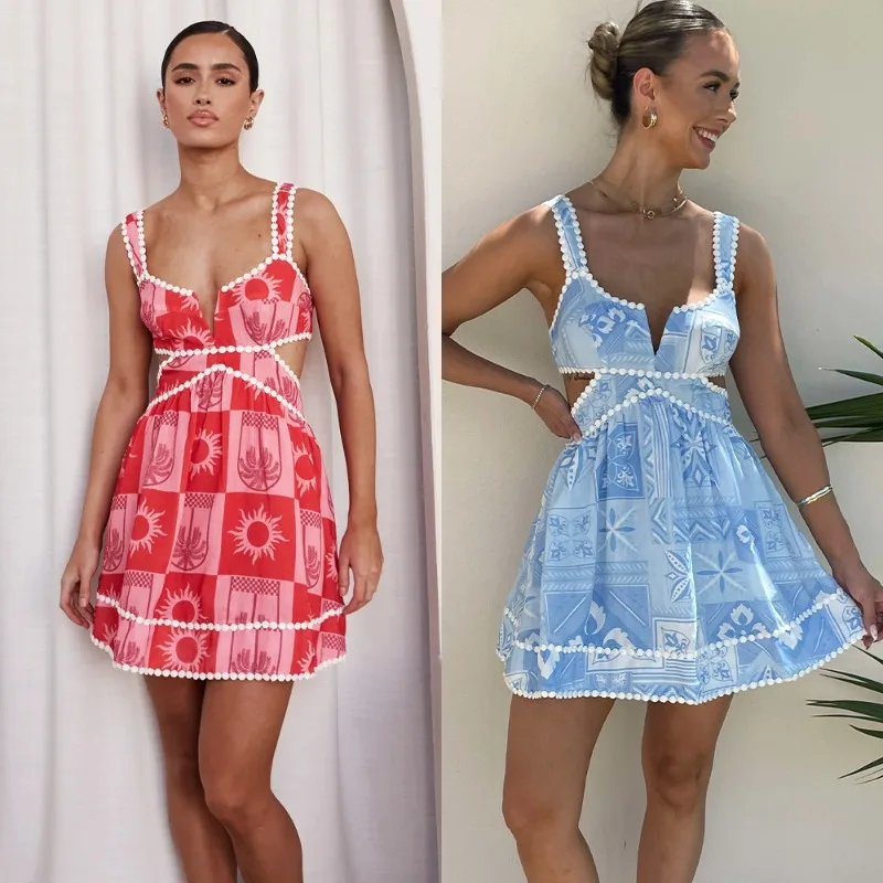 Boho-bedrucktes Korsett-Minikleid für Damen, elegantes Spaghetti-Trägerkleid mit Ausschnitt an der Taille, Spitzenbesatz, sexy Sommer-Party-Strandkleid