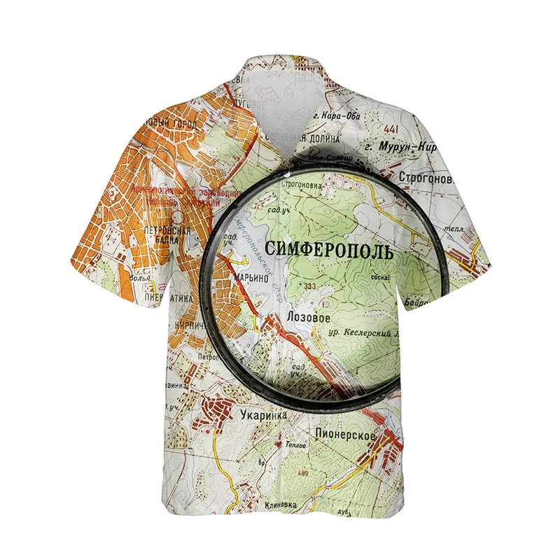 thumbnail image 1 of Camisa de moda para hombre con estampado 3D de mapa y brújula, solapa con botones, manga corta, diseño personalizado, camisetas cómodas, 1 of 5