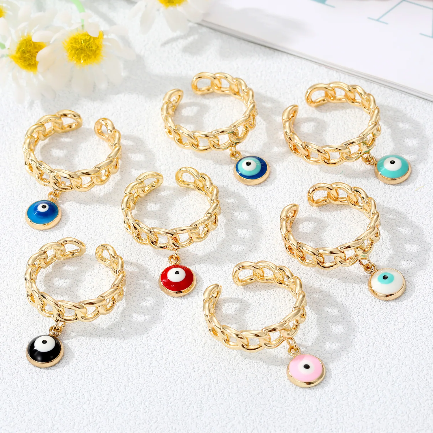 

Vintage Gold Color Wide Chain Heart Rings For Women Fashion Turkish Evil Eye Adjustable Open Rings Trend Jewelry Party Gift