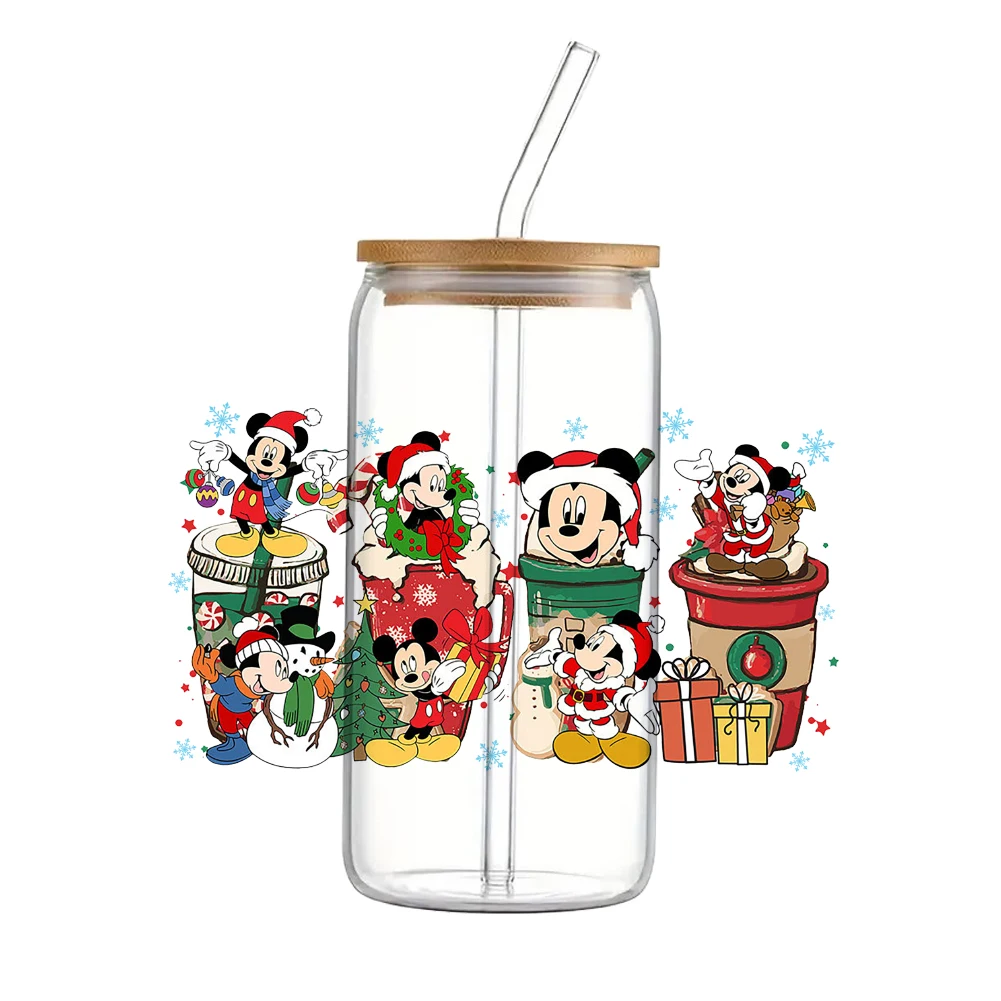 Pegatinas de transferencia UV DTF de Mickey Mouse con dibujos animados de Disney para Navidad, calcomanías de transferencia a prueba de agua para envolver vasos de vidrio de 16 oz