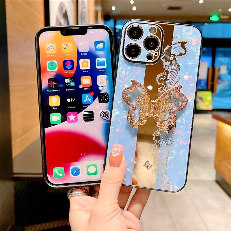 Fashion Rhinestone Glitter Case For iPhone 12 13 11 14 Pro max 15 15Pro 15 Plus 3D butterfly With Finger Ring Stand Back Cover