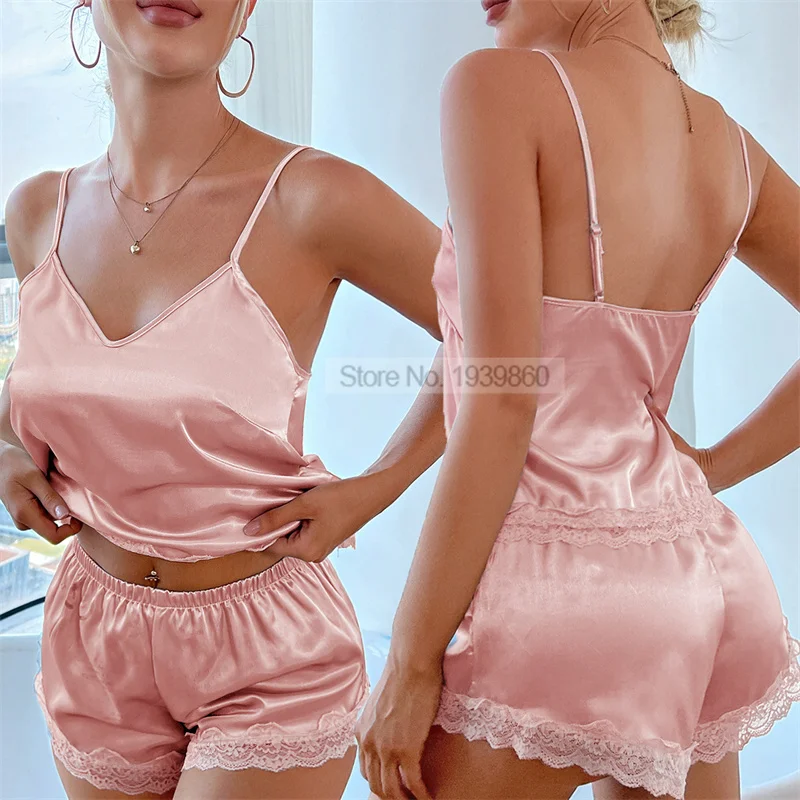 

Lace Patchwork Pajamas Rayon V-Neck 2PCS Camisole Suit Nightwear Pour Femme Sleepwear With Shorts Sexy Rayon Lingerie Nightwear