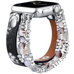 Women's Elastic Beaded Leather Watch Strap Bracelet for 42MM 44MM 45MM 49MM (BlackFloral)