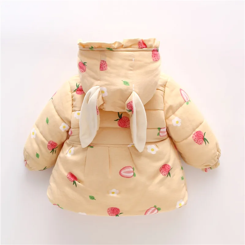Winter Girls' Jackets Bags Cartoon Strawberry Prints Single Breasted Rabbit Ears Hooded Cotton Clothes 2 Pieces/Set